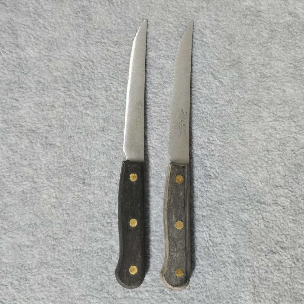Vintage Mobil Chemical Steak Knives Tramontina Onyx Set 2 Wood Handle Brazil